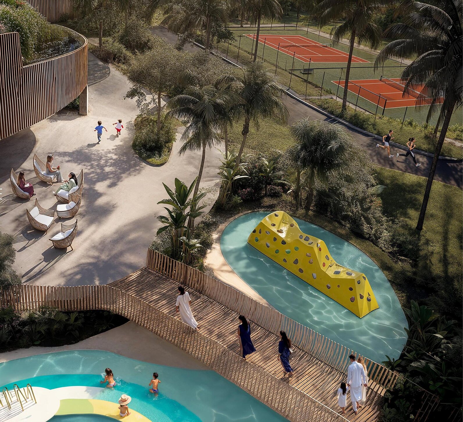 Aerial view of Lunaya's landscaped amenity deck with pools, tennis courts and lounging areas
