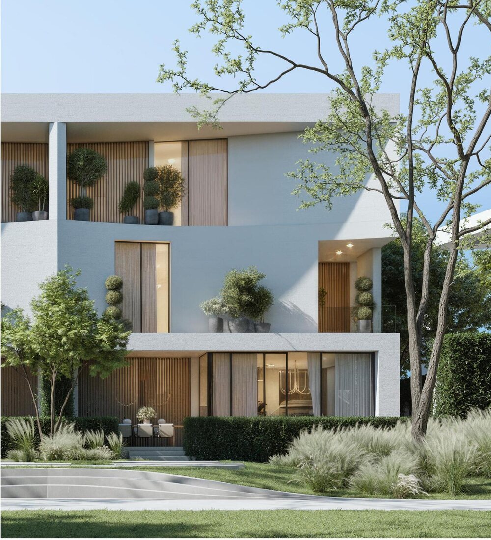 The Dune villa facade with private courtyard planting
